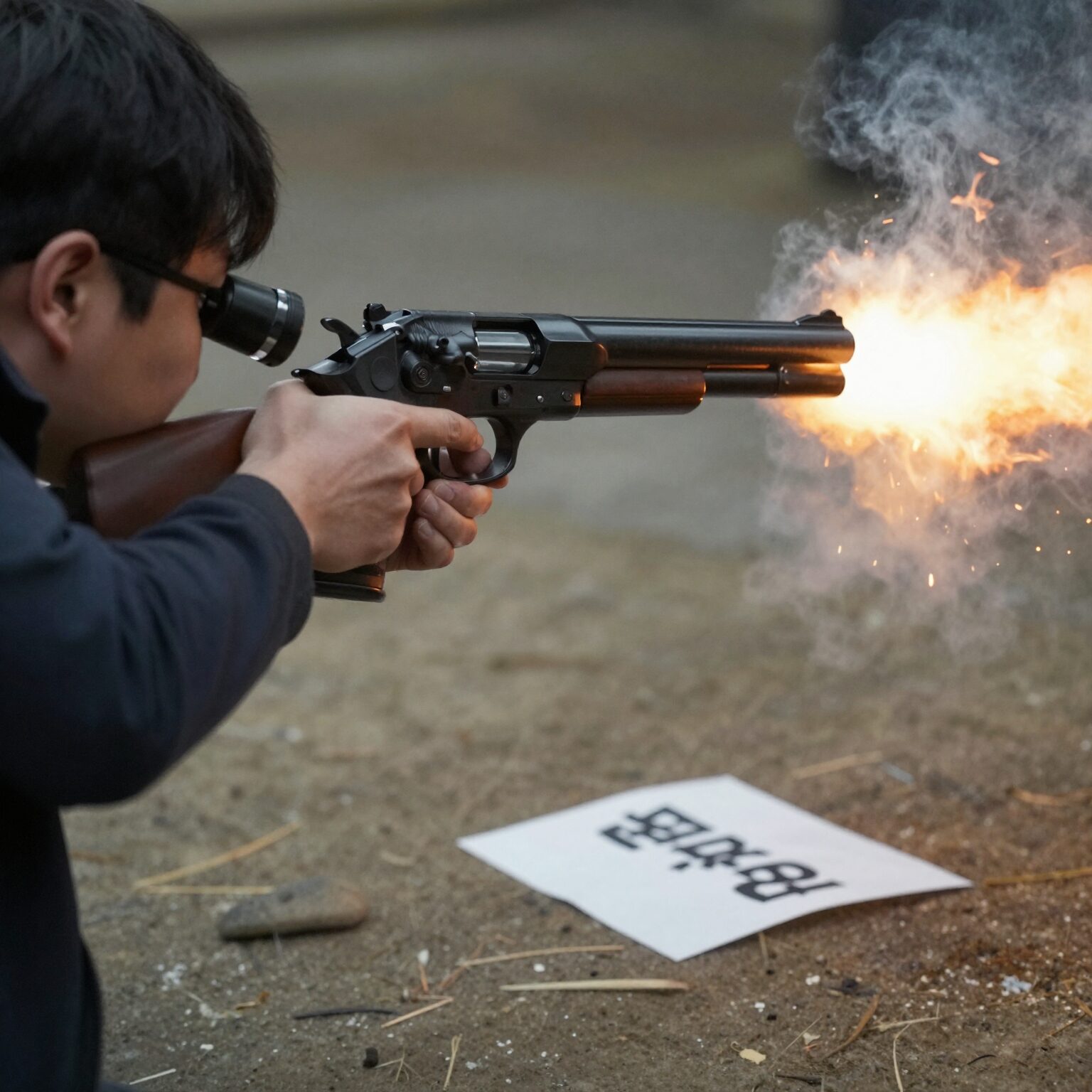 범죄 현장에서 연기가 나는 권총과 돋보기, 그리고 증거 라벨이 함께 있는 이미지. 스모킹 건의 의미를 시각적으로 표현