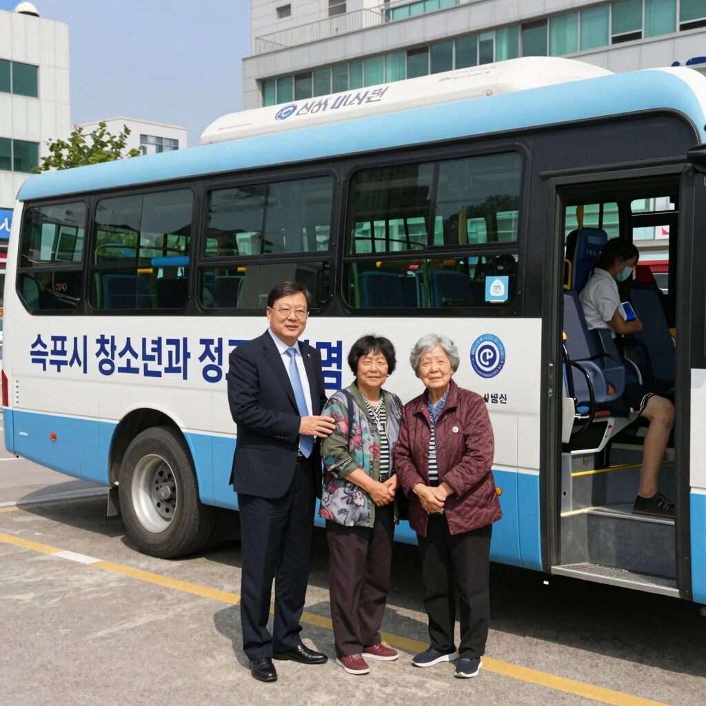 속초시 청소년과 어르신이 무료로 이용하는 시내버스 모습과 이병선 시장의 교통복지 정책 홍보물