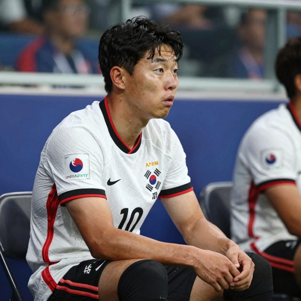 손흥민이 2026 월드컵 경기에서 벤치에 앉아 있는 모습, 아쉬운 표정으로 경기장을 바라보고 있다.