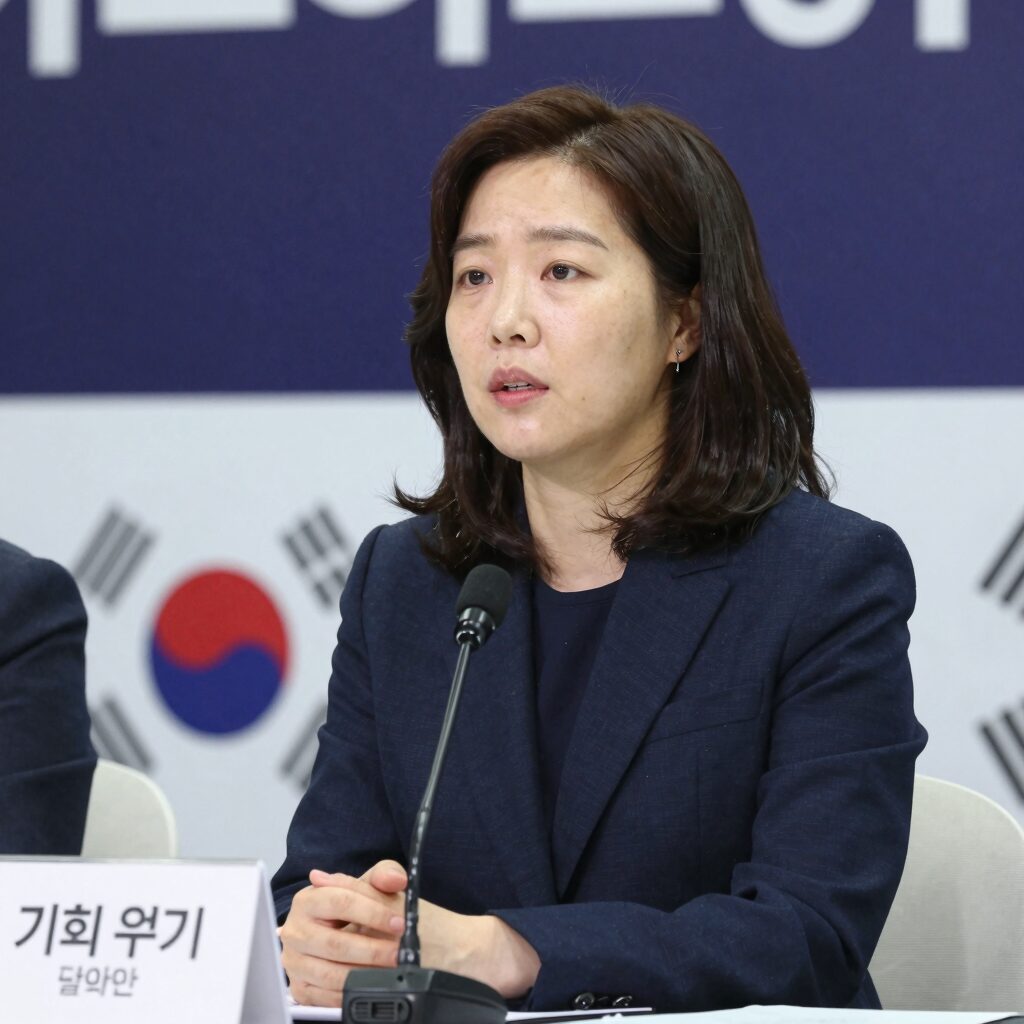 송경희 위원장이 기후 위기 대응 법안 관련 브리핑을 하고 있는 모습