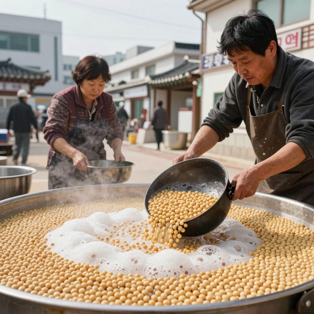 냄비에 콩을 삶으면서 거품을 걷어내는 모습 콩국수 콩삶기의 핵심 과정