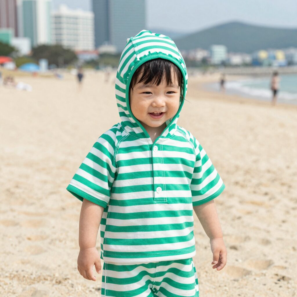 초록색 스테이지 스트라이프 유아 비치가운을 입고 웃는 아이