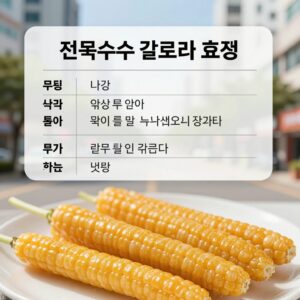 찐옥수수 칼로리와 효능을 설명하는 표와 함께 찐옥수수 사진