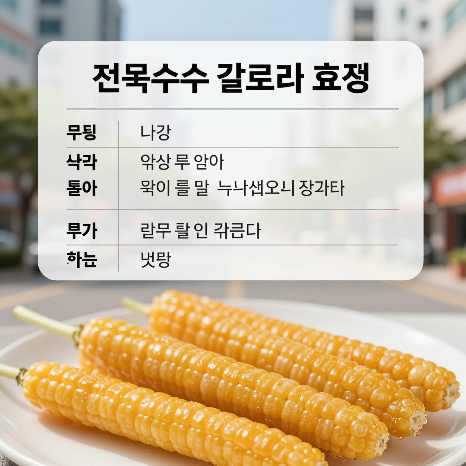 찐옥수수 칼로리와 효능을 설명하는 표와 함께 찐옥수수 사진