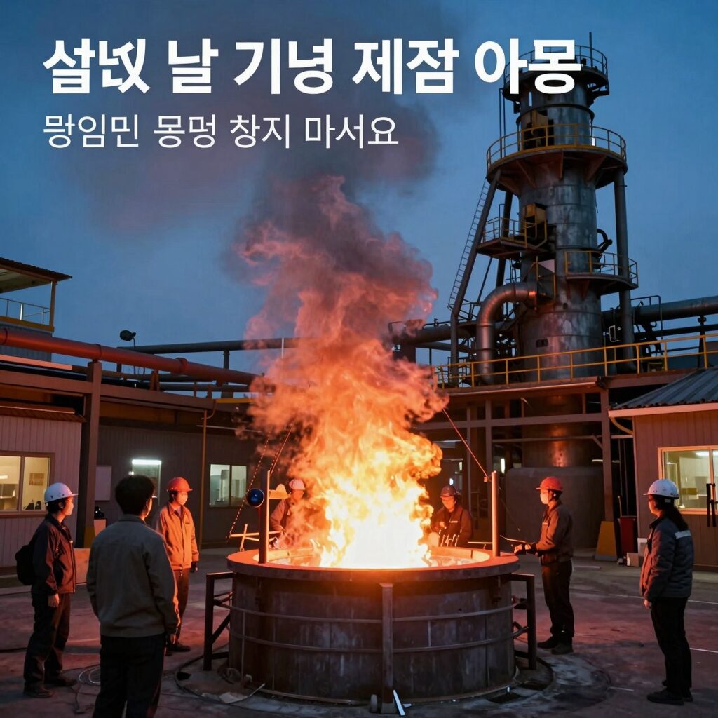 철의 날 기념 제철소 야경, 용광로 불빛이 반짝이는 모습