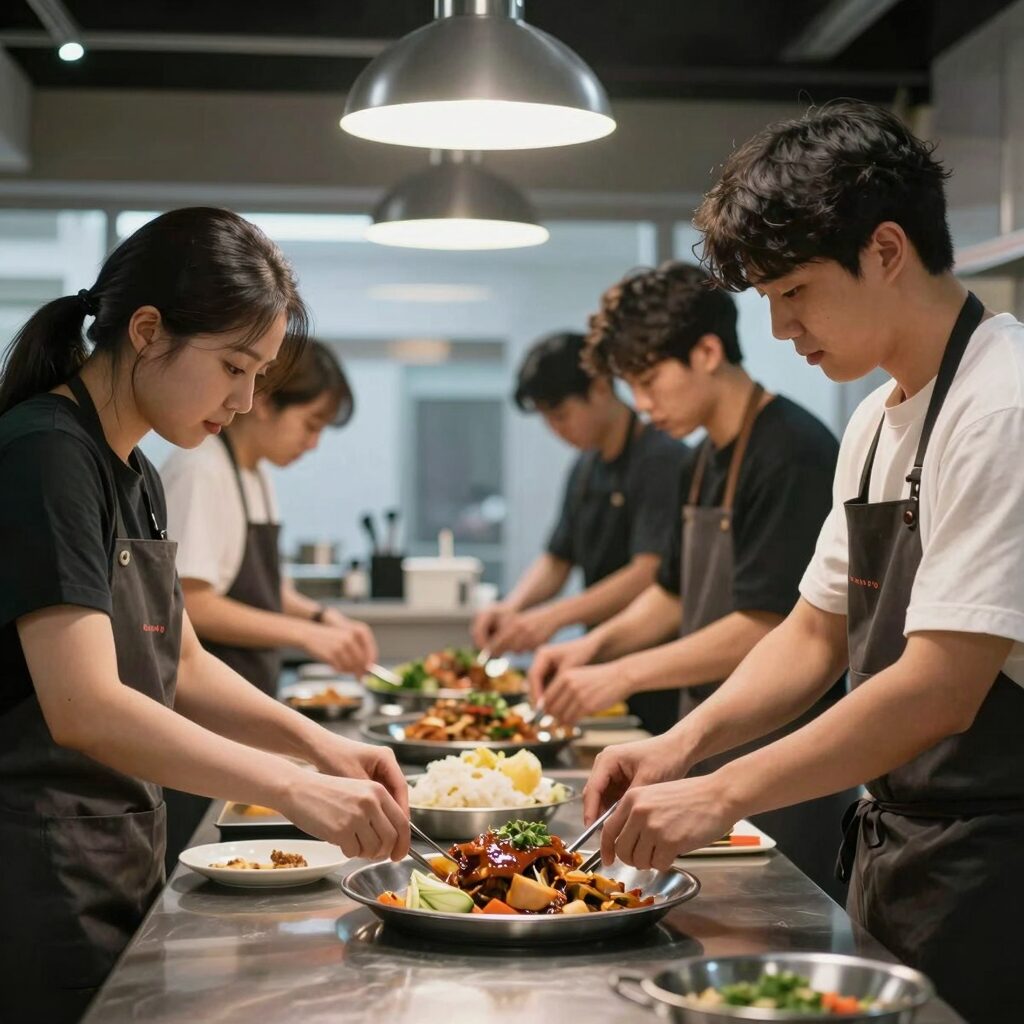 스트릿 레스토랑 파이터 1화 세트장에서 요리하는 참가자들