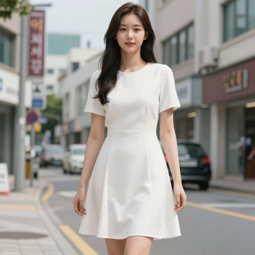 여름 지지미 원피스 착용 모습 플레어 실루엣