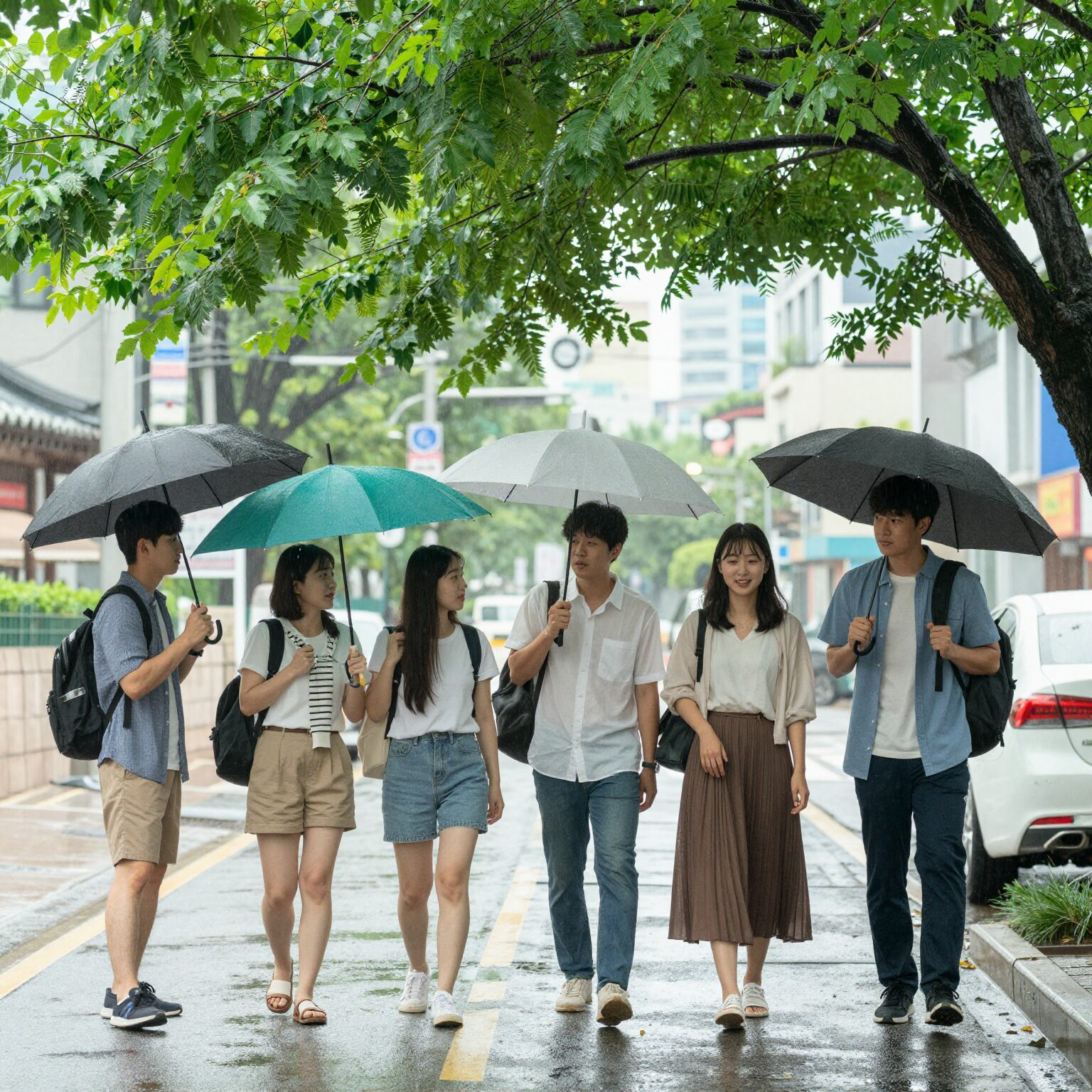 7월 여름 일러스트 배경화면 무료 다운로드 비 오는 날 풀잎 아래 모인 캐릭터