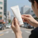 워터프루프 선크림을 팔에 펴 바르는 모습