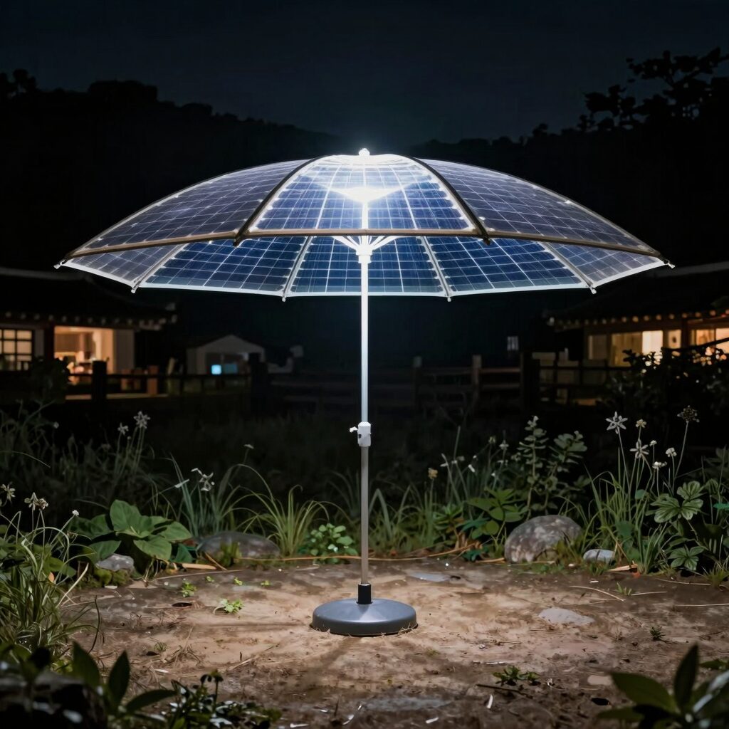 선빌라 태양광 LED 파라솔 밤에 조명 켠 모습