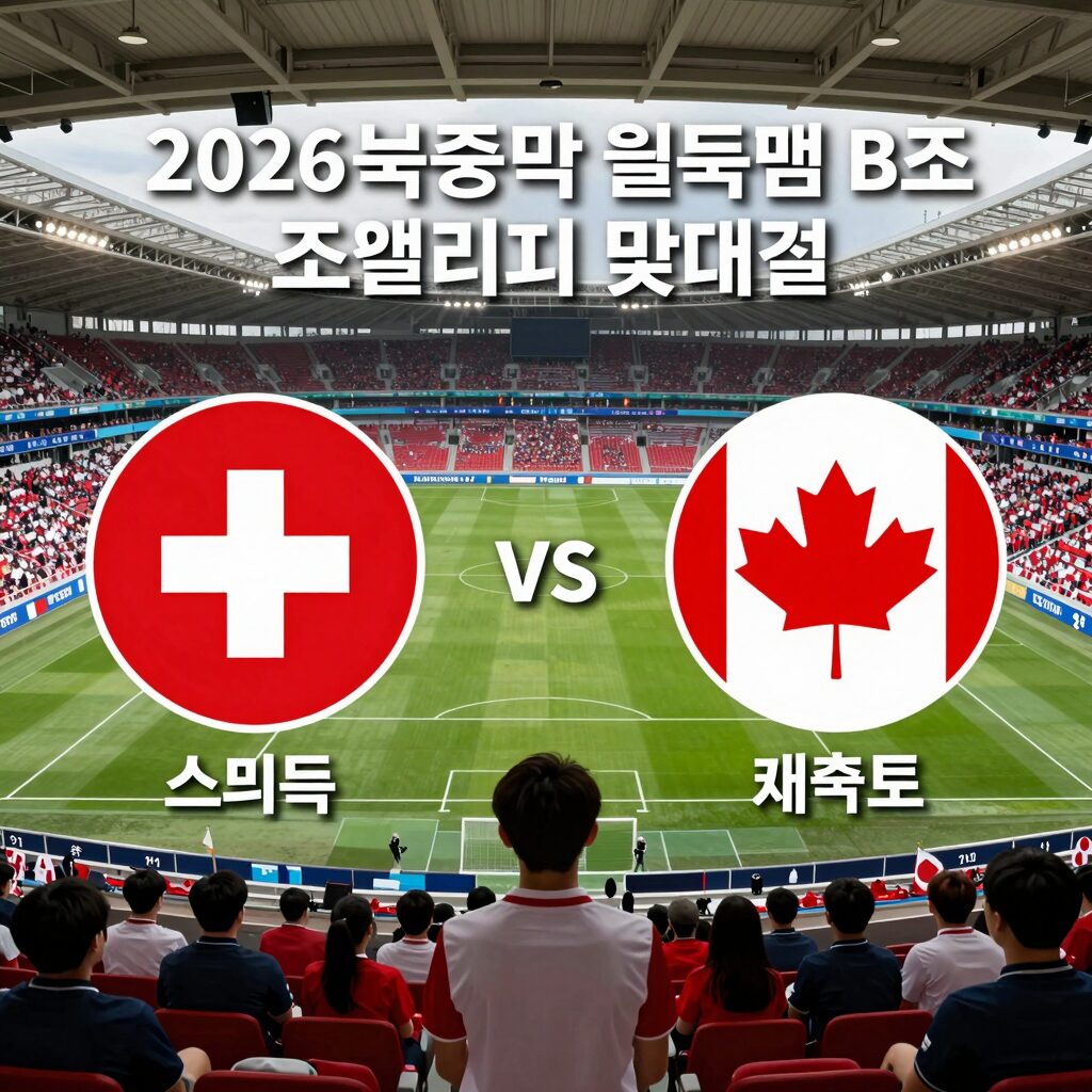 스위스와 캐나다의 2026 북중미 월드컵 B조 조별리그 맞대결 구도, 두 팀 로고와 경기장 배경