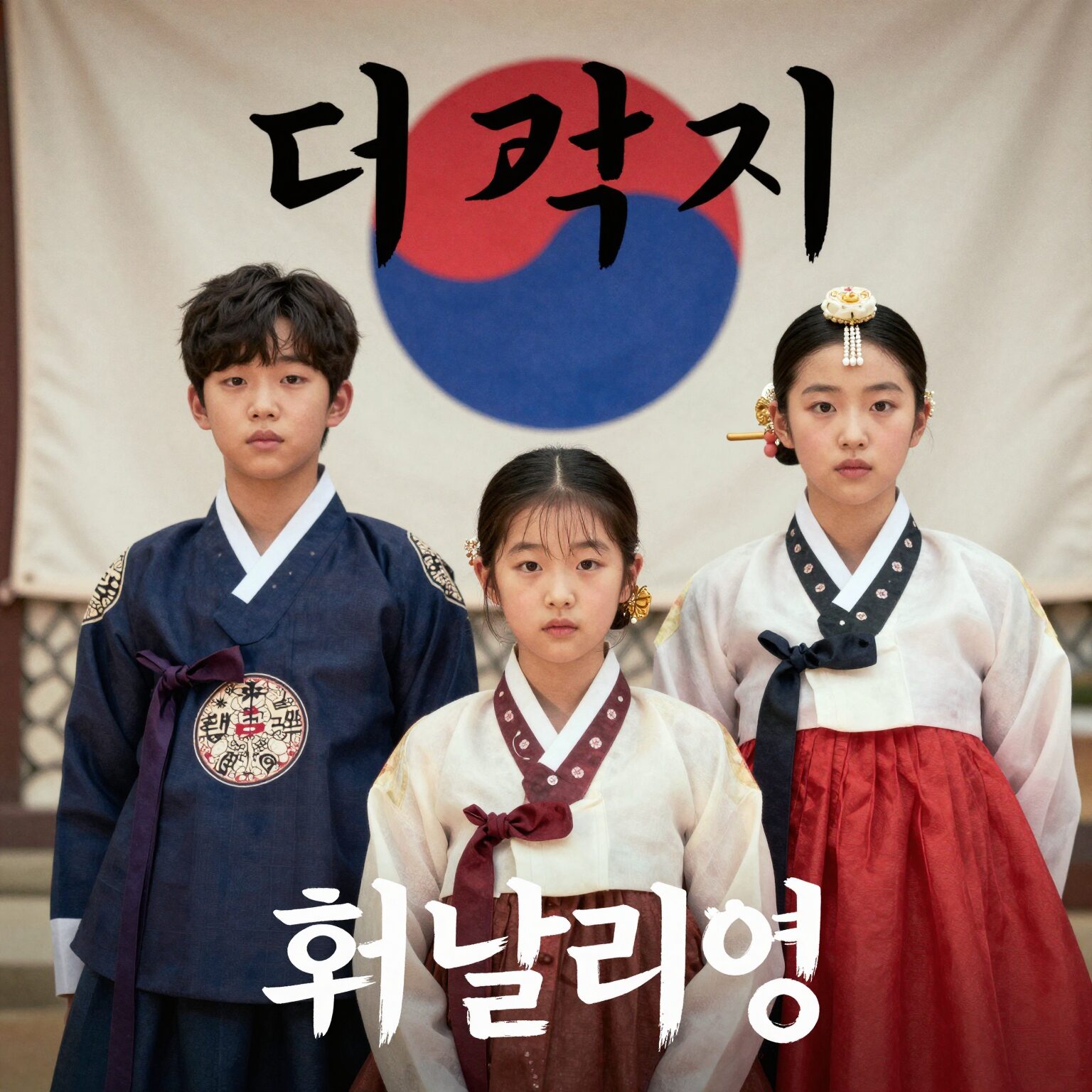영화 태극기 휘날리며 포스터, 두 형제가 태극기를 배경으로 서 있는 모습