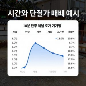 시간외 단일가 매매 예시 화면 10분 단위 체결 호가창과 거래량