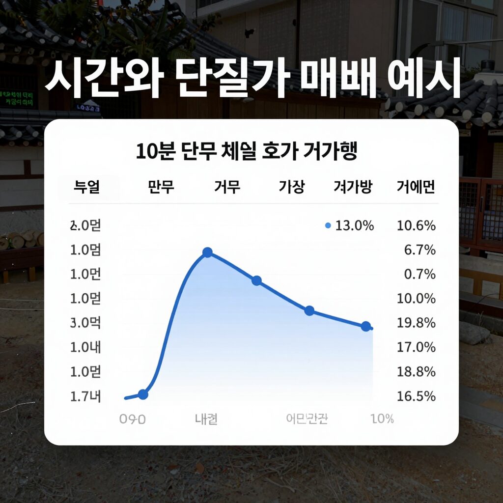 시간외 단일가 매매 예시 화면 10분 단위 체결 호가창과 거래량