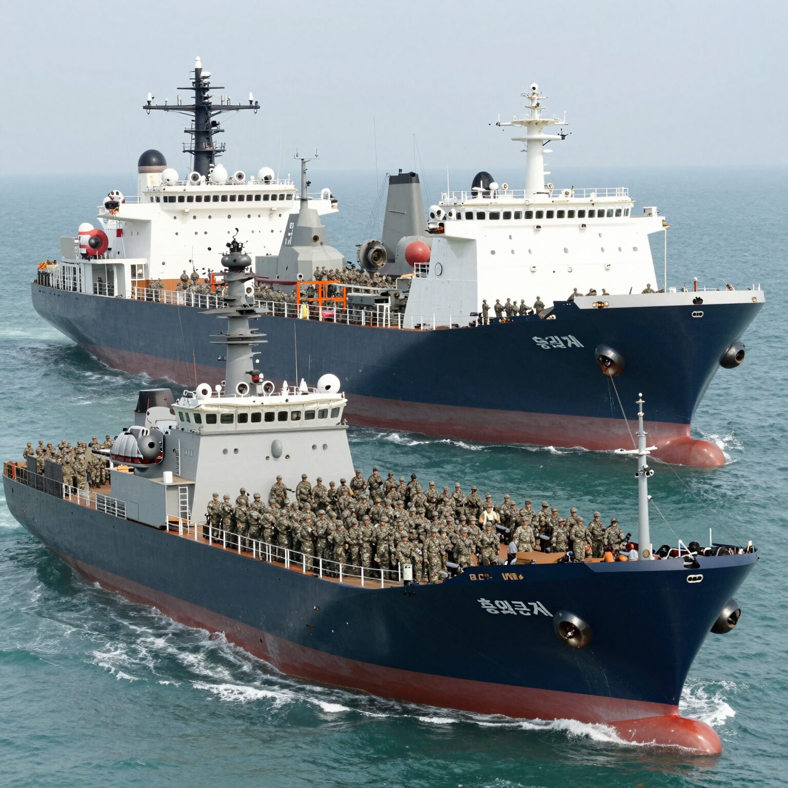 호르무즈 해협을 통과하는 유조선과 미 해군 군함이 바라보이는 항공 사진, 트럼프의 통행료 제안과 관련된 에너지 안보를 상징
