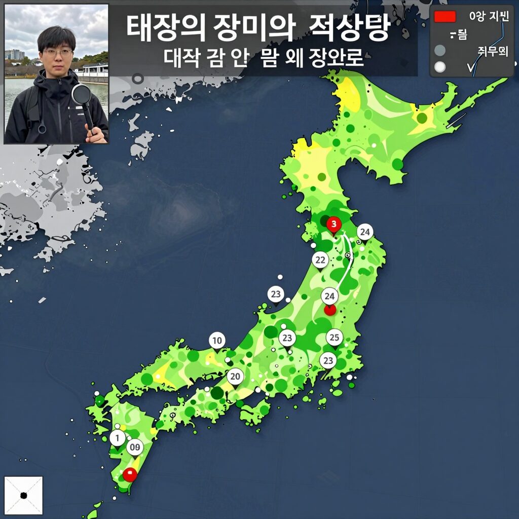태풍 장미의 일본 접근 경로 예상도와 실제 위성 이미지