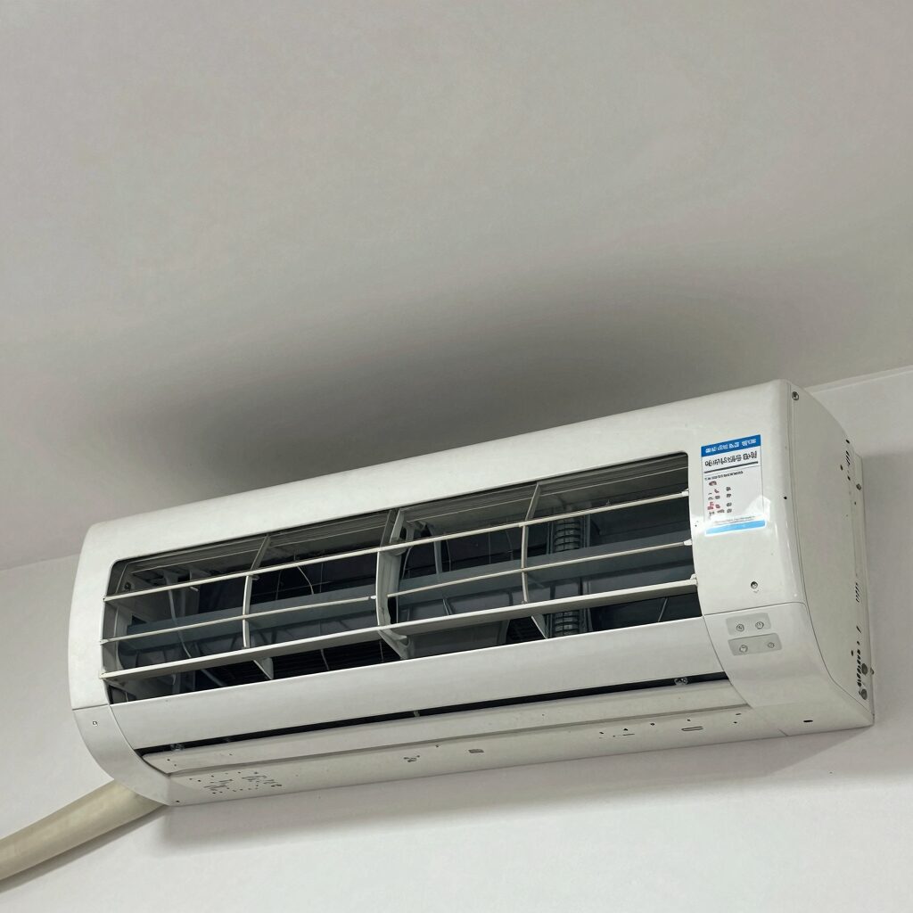 벽걸이 에어컨 실내기와 에너지효율등급 라벨 모습