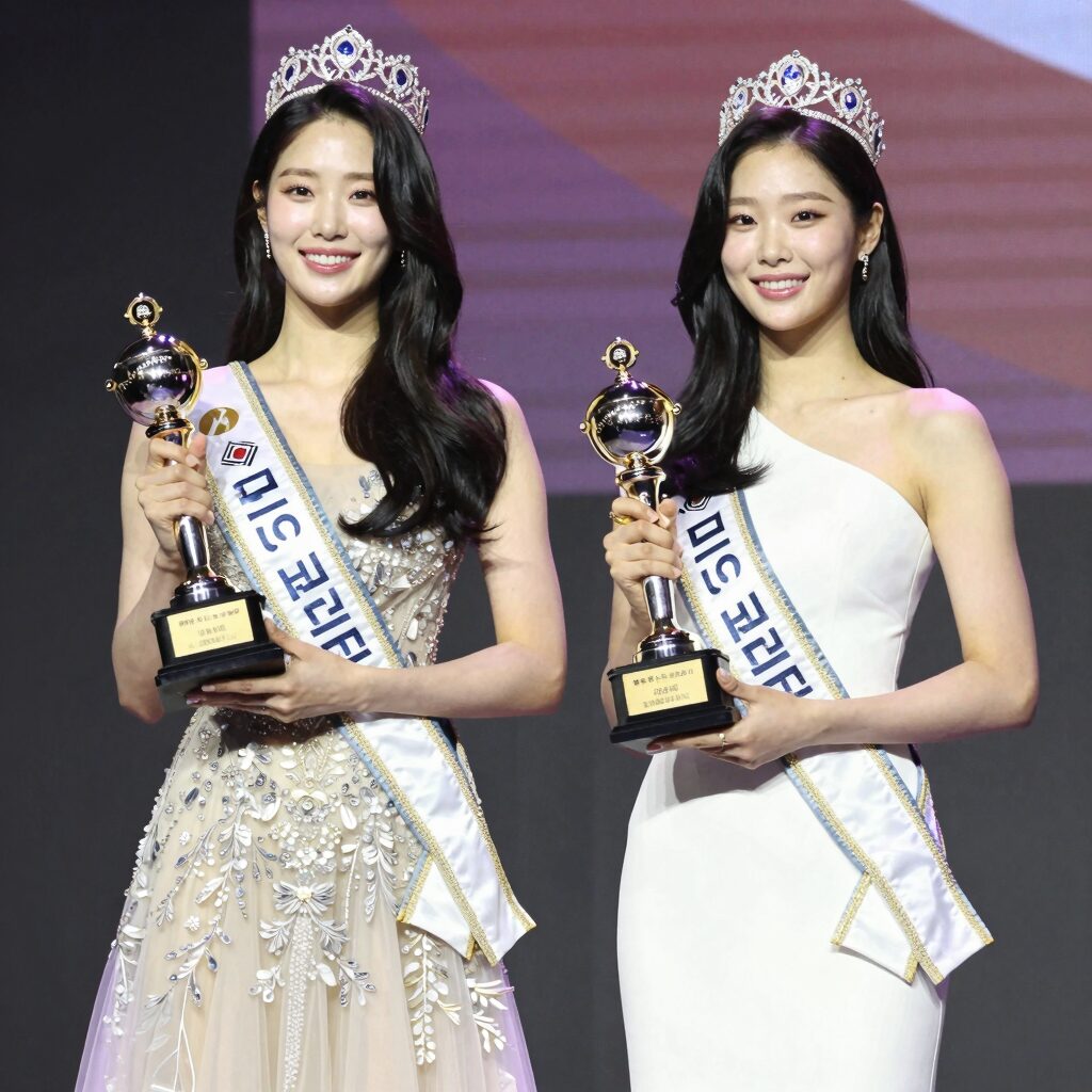 우서윤과 전수완이 미스코리아 무대에서 수상 트로피를 들고 환하게 웃고 있는 사진. 우서윤은 우아한 드레스, 전수완은 심플한 원피스로 각각 선과 미를 수상했다.