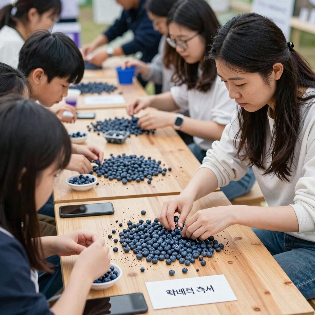 영동 블루베리 축제에서 블루베리 따기 체험하는 모습
