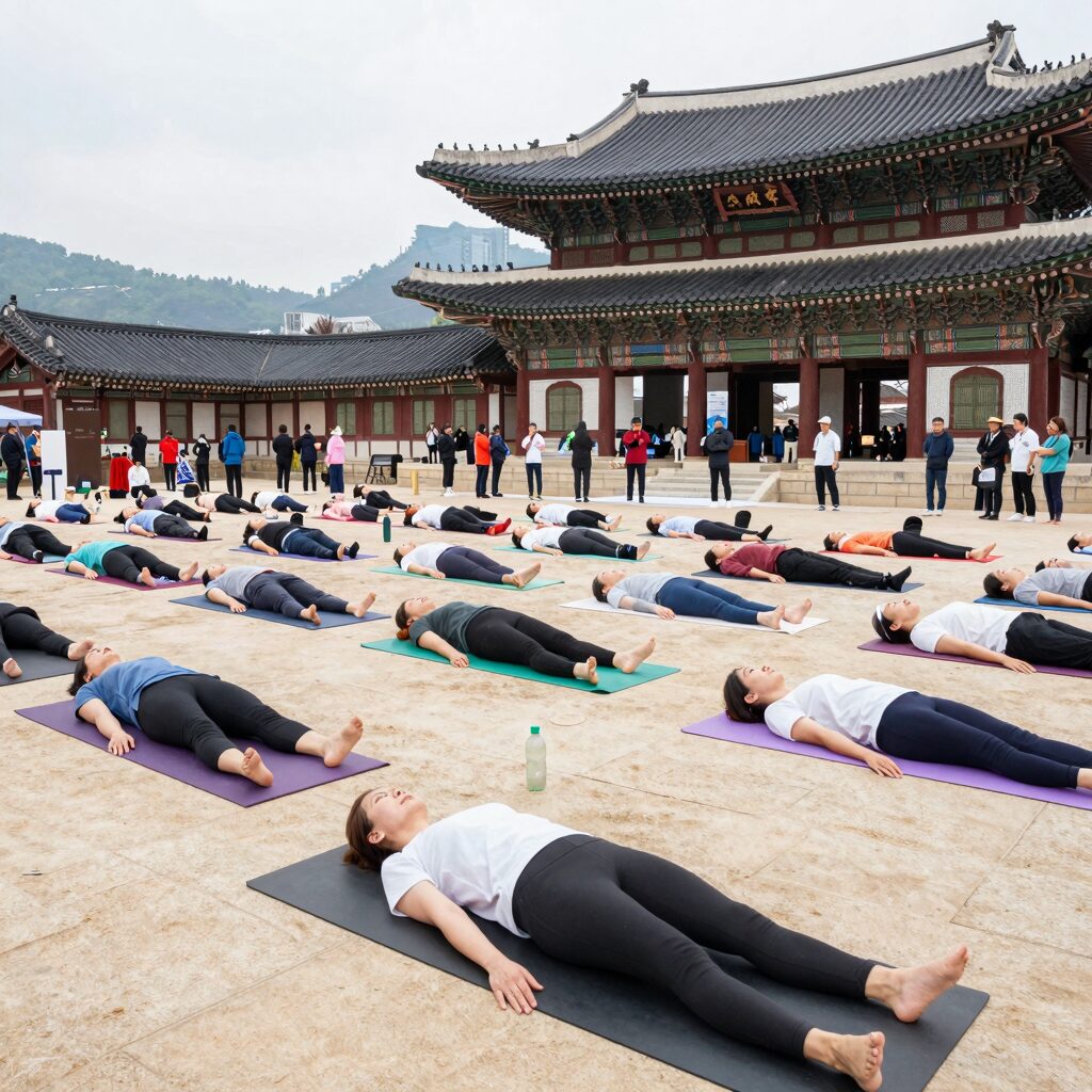 2025 UN 세계 요가의 날 광화문 광장에서 수백 명의 요가인들이 단체 수련하는 모습. 흐린 날씨 덕분에 선선한 가운데 진행된 행사 현장.