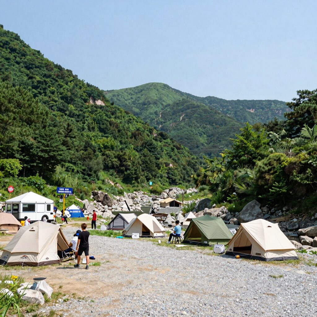 영월 예다움캠핑장 사이트 전경과 타프존, 계곡이 보이는 풍경