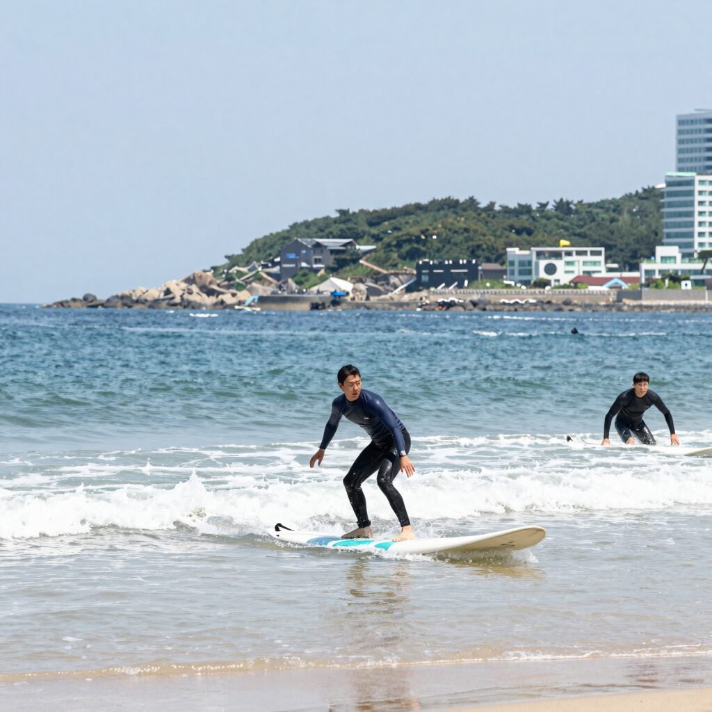 거제도 구조라 해변 서핑 모습