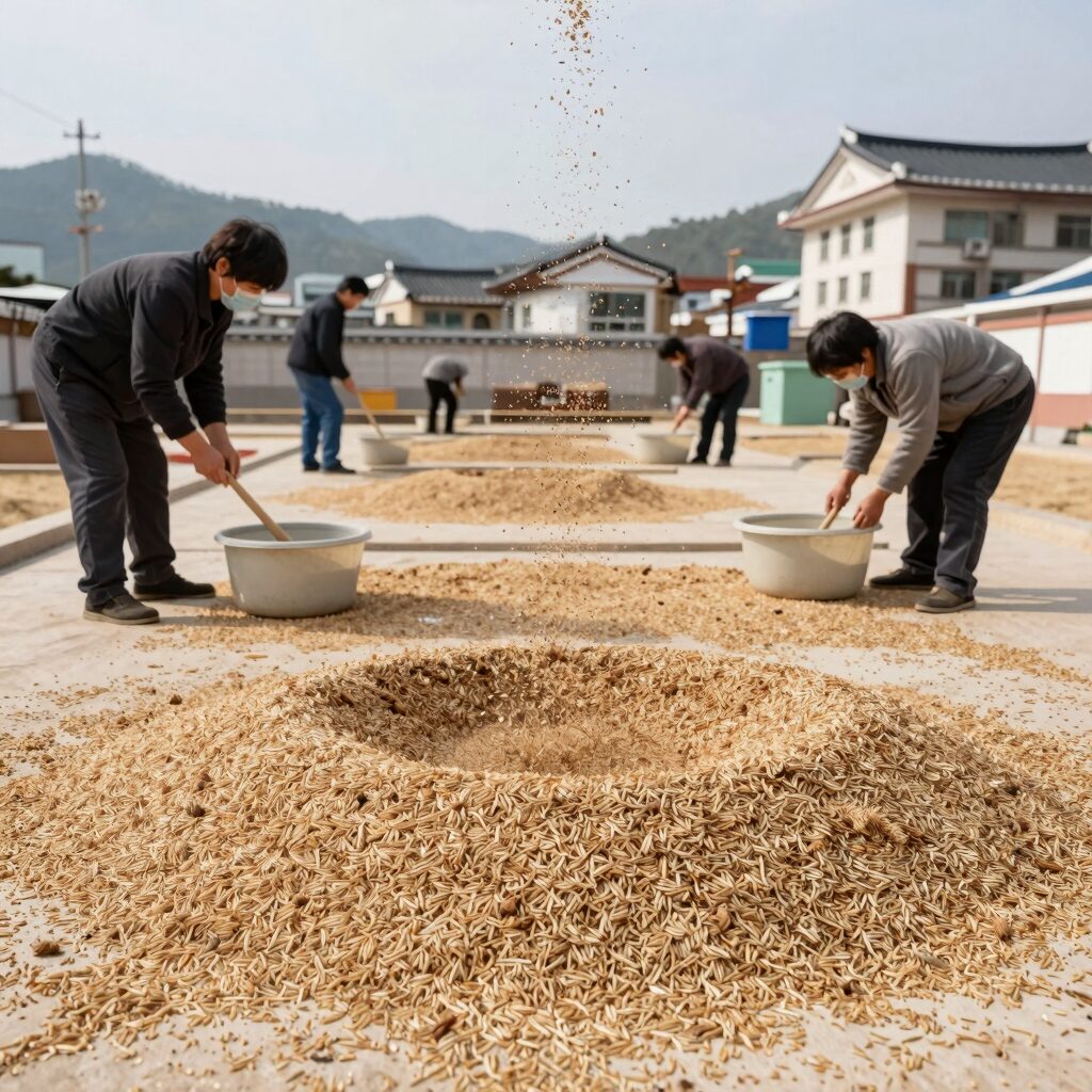 참깨 털기 작업 중 바닥에 깐 참깨망 위로 참깨가 떨어지는 모습