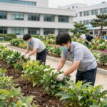 청사관리본부 조경관리원 공무직 채용 정부청사관리본부 조경관리원이 청사 정원에서 수목을 관리하는 모습