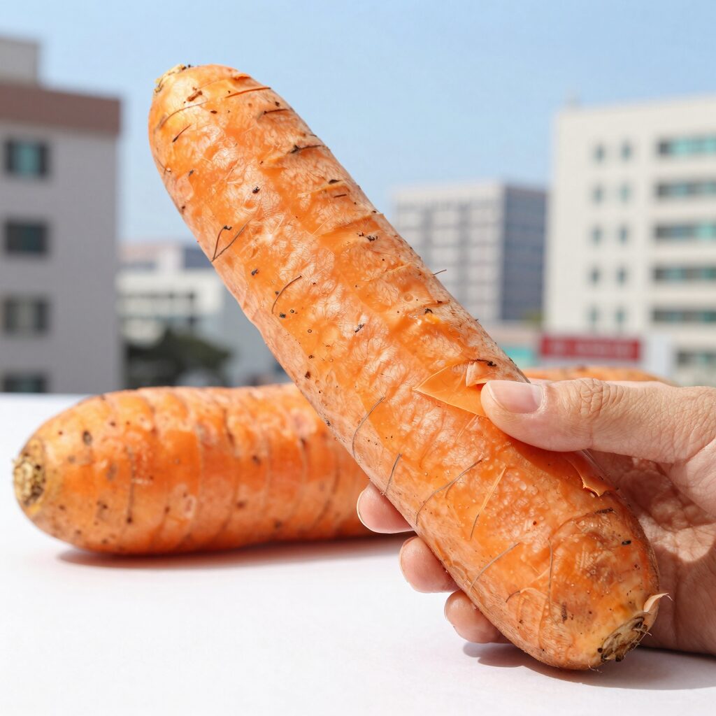 고구마 줄기 껍질을 비틀어 까는 장면을 담은 클로즈업 사진