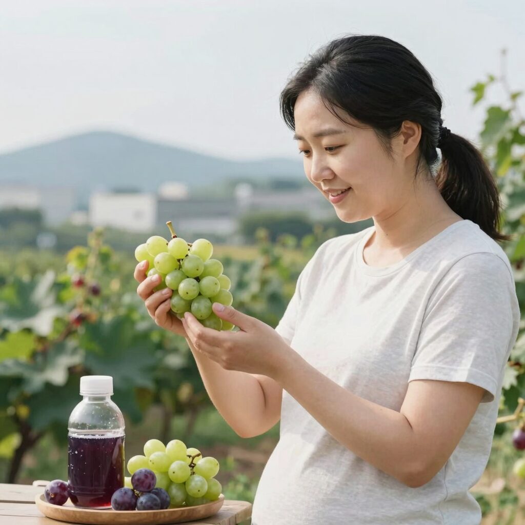 임산부가 포도와 포도즙 권장량을 확인하는 모습
