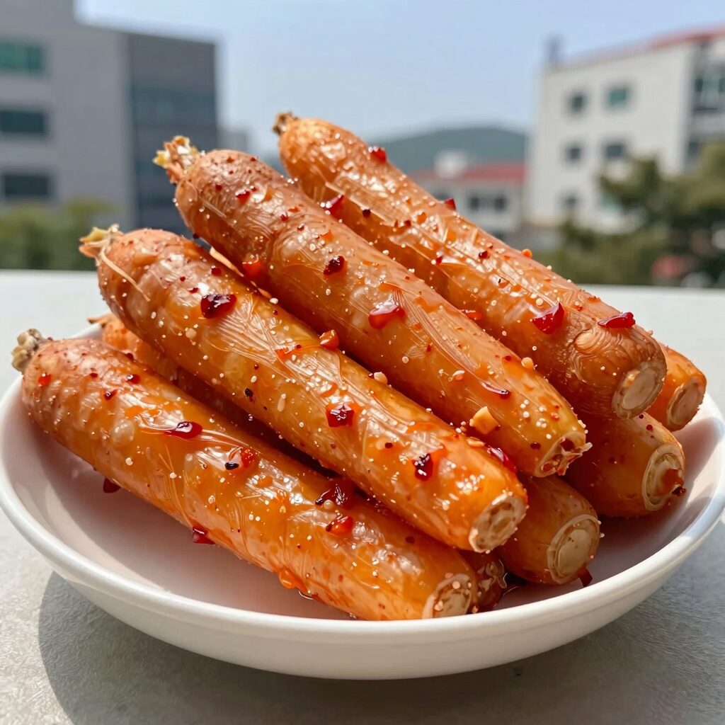 아삭한 고구마줄기김치를 그릇에 담은 모습. 여름 별미로 손질된 고구마 줄기와 양념이 잘 버무려져 있다.