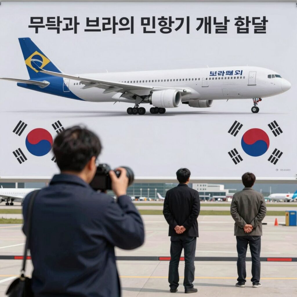 한국과 브라질의 민항기 개발 모델과 협력 개념도, 항공기 설계 스케치와 양국 국기가 배경