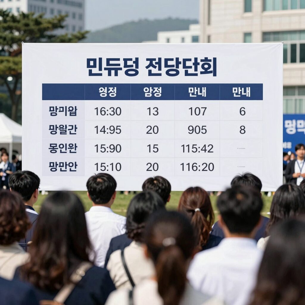 민주당 전당대회 일정 안내 포스터와 당원들이 모여 있는 모습