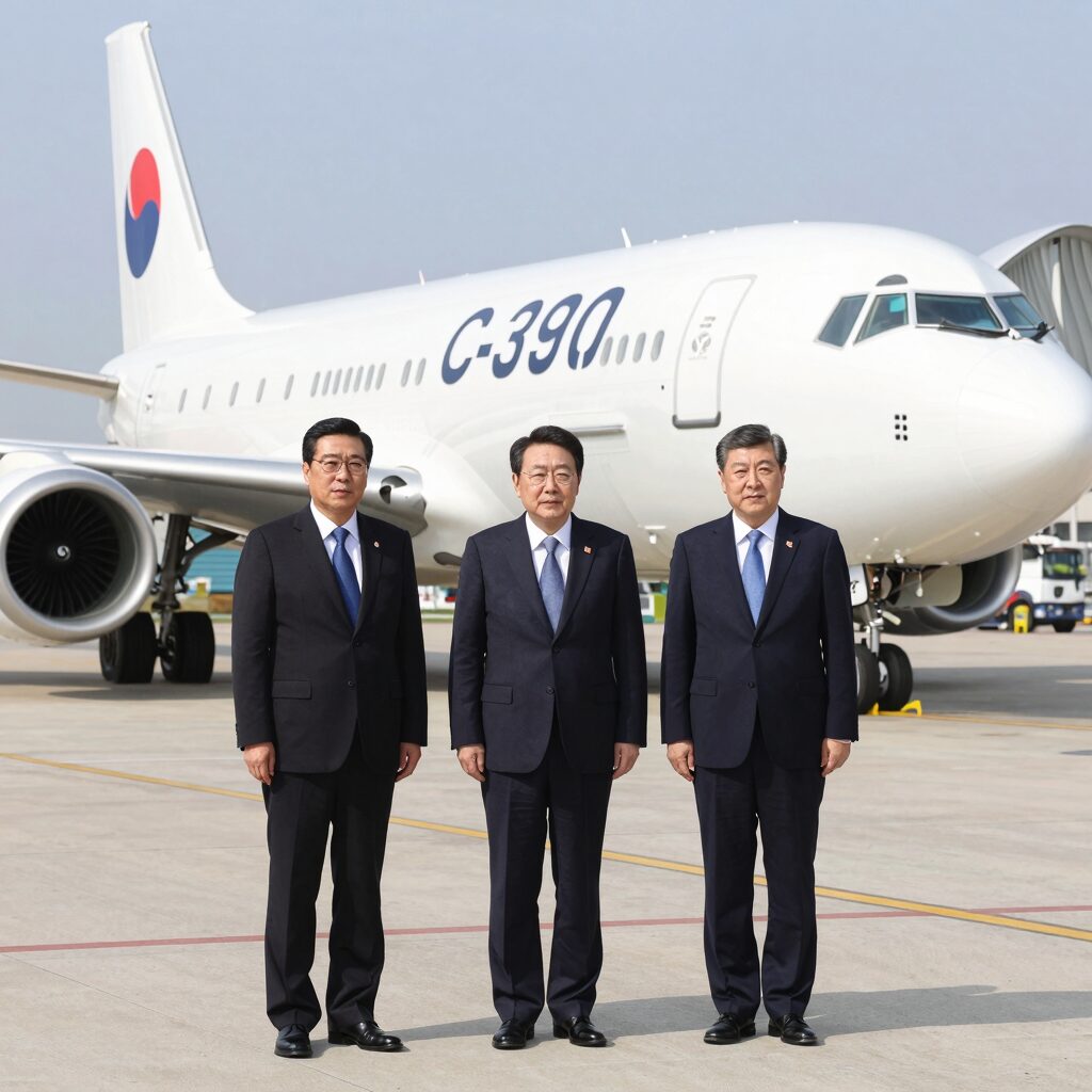 C-390 수송기 시찰하는 이재명 대통령과 엠브라에르 관계자