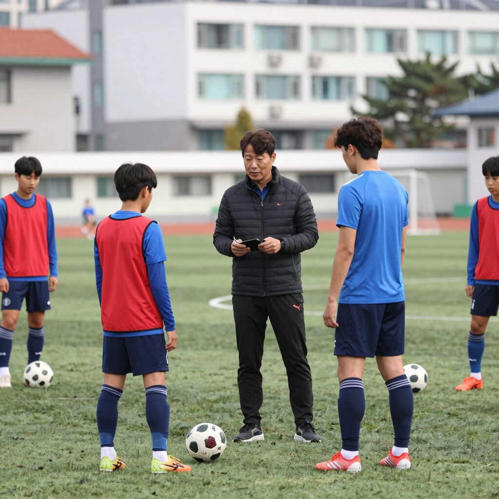 최영일 축구 부회장이 유소년 선수들과 함께 훈련을 지도하는 현장 모습