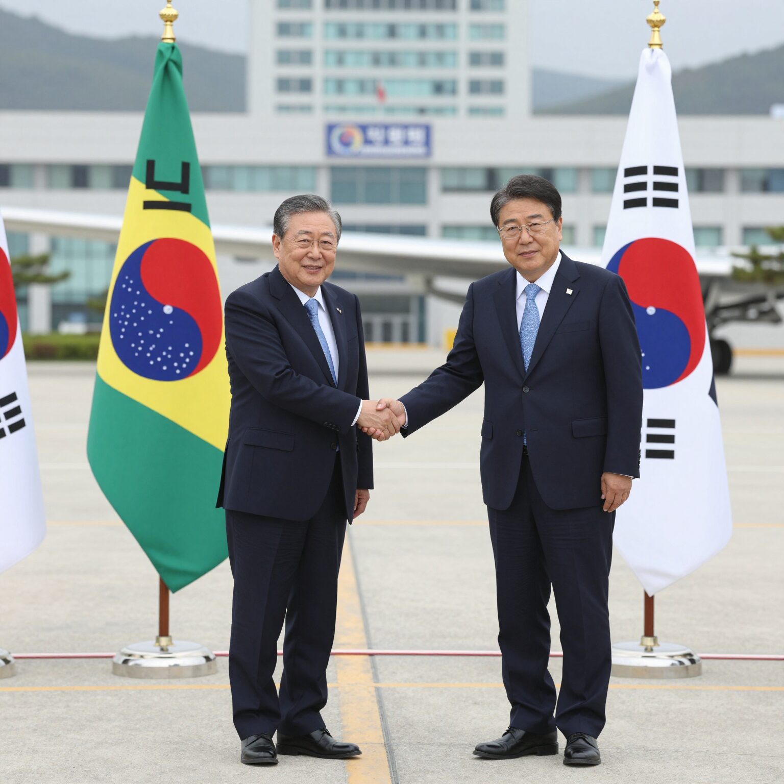 한국과 브라질 대통령이 차세대 민항기 개발 협력에 관한 MOU 체결 후 악수하는 모습