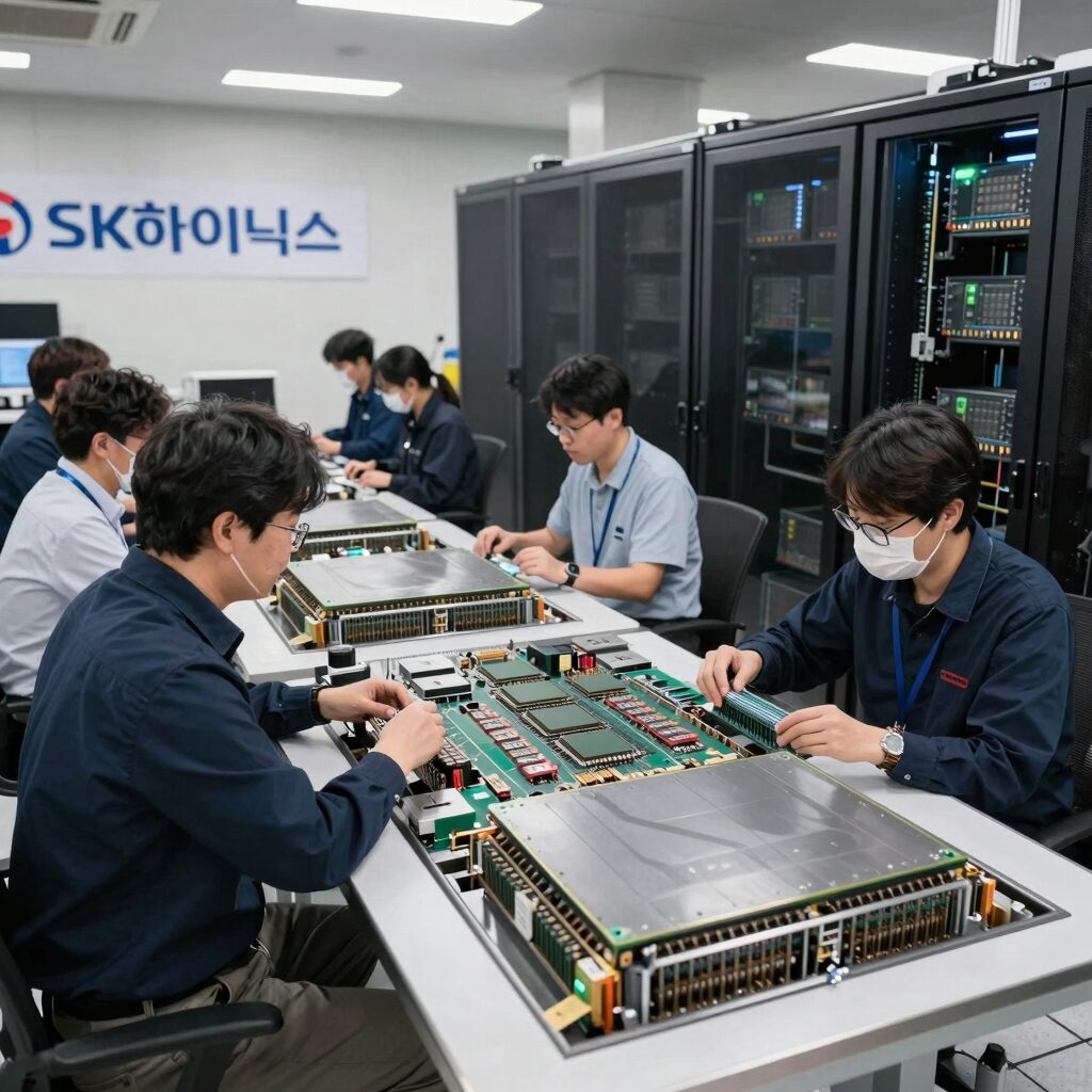 SK하이닉스 HBM 반도체 칩과 AI 데이터센터 연결 개념 이미지