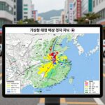 기상청 태풍 예상 경로 지도 화면, 원뿔형 신뢰 구간과 예측 시간별 경로가 표시됨