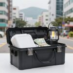 태풍 대비 비상용품과 랜턴이 담긴 준비 상자 사진