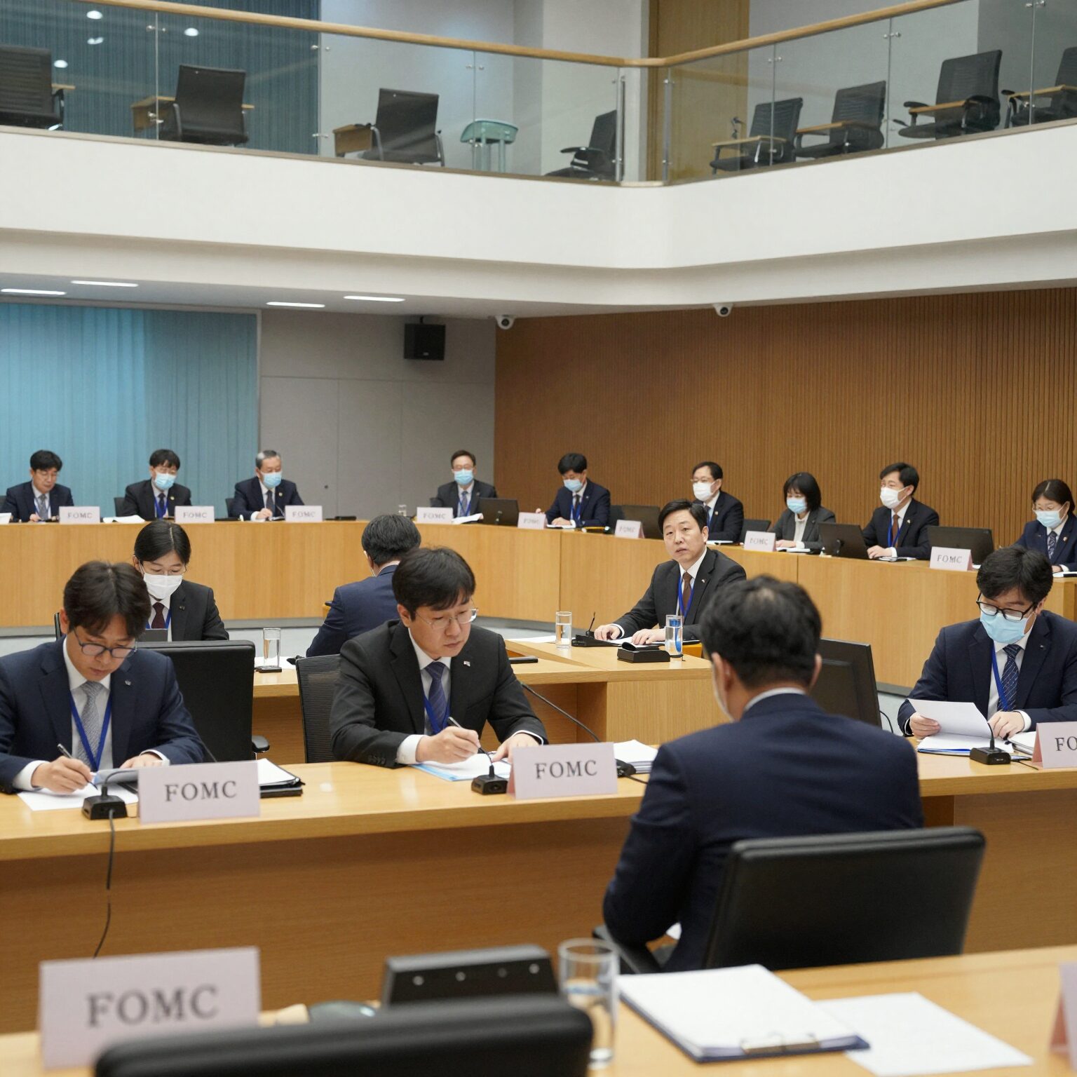 FOMC 회의장 내부 모습과 참석자들이 논의하는 장면