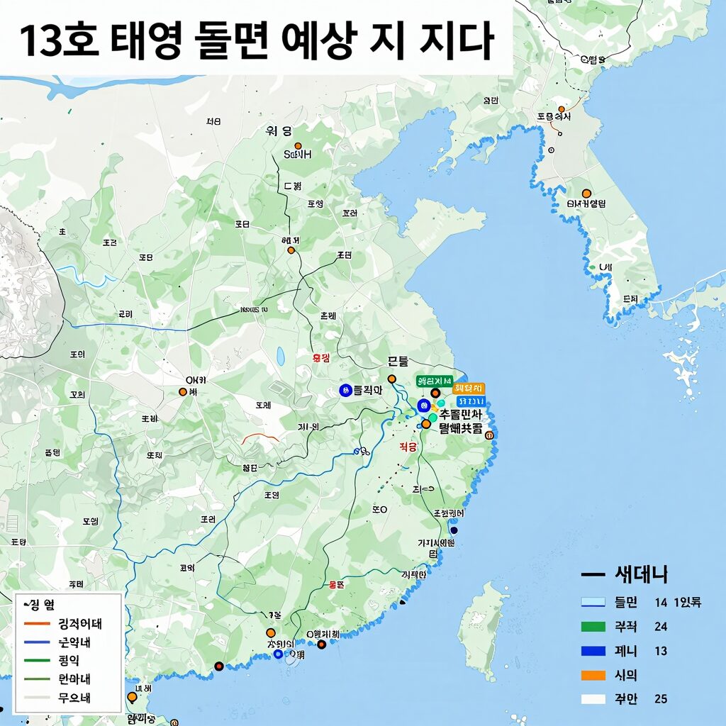 13호 태풍 돌핀 예상 경로 지도와 현재 위치 표시