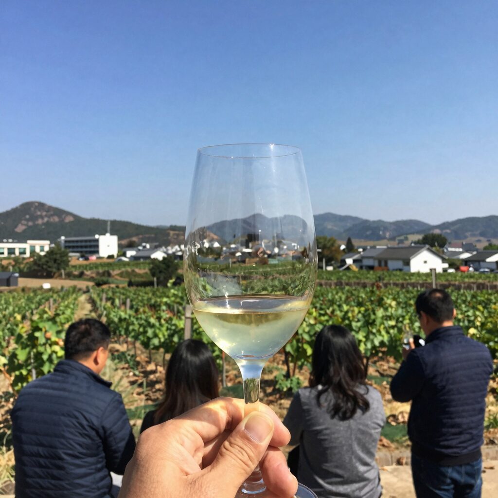 칠레 베라몬테 와이너리에서 시음한 와인 잔과 풍경