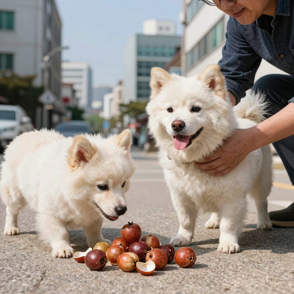 강아지 복숭아 급여 시 씨와 껍질 제거하는 방법을 보여주는 이미지