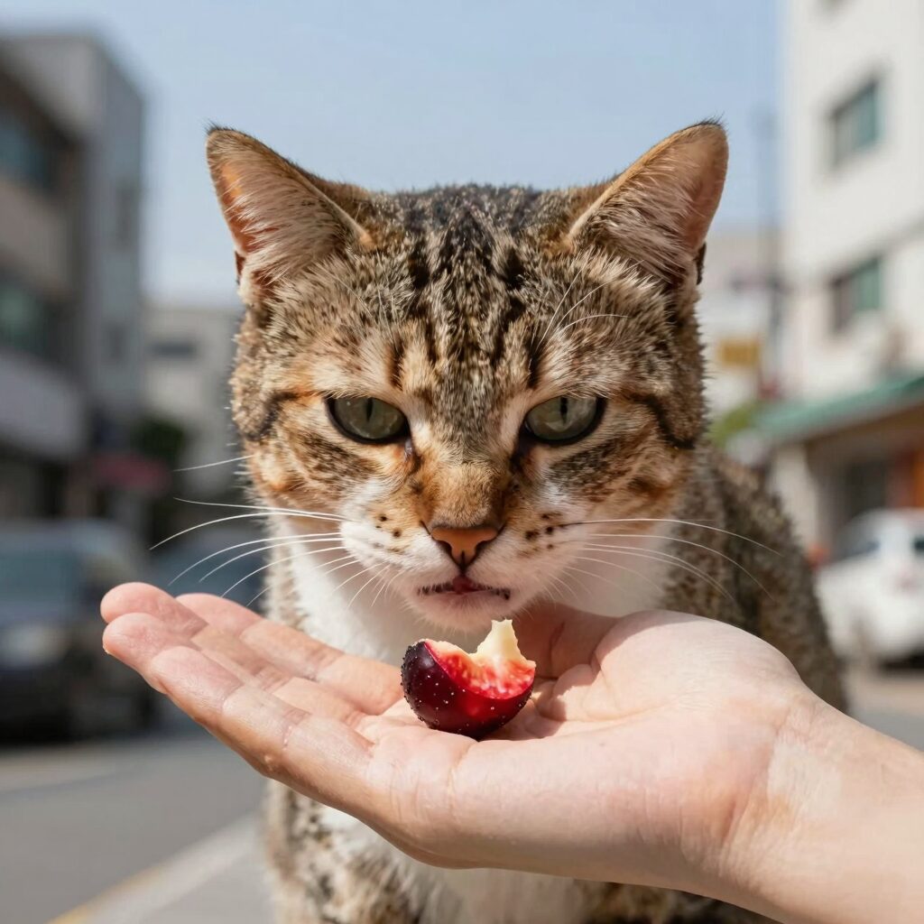 고양이가 손바닥 위에 놓인 작은 복숭아 과육 조각을 조심스럽게 냄새 맡는 모습