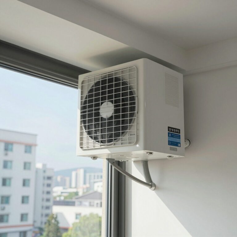 6평 원룸에 설치된 이동식 에어컨, 배기호스가 창문에 연결되어 있음