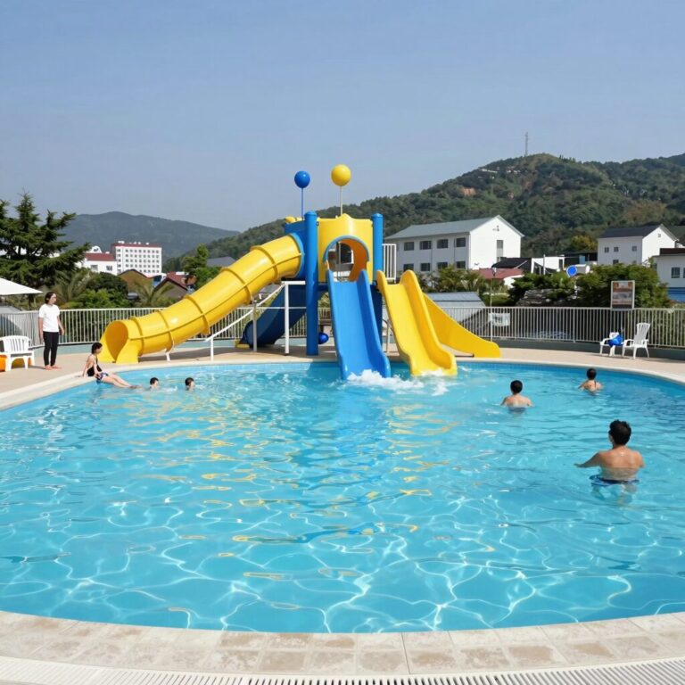 양산 배내골 해피밸리펜션의 넓은 야외수영장과 풍선 미끄럼틀 풀장 모습