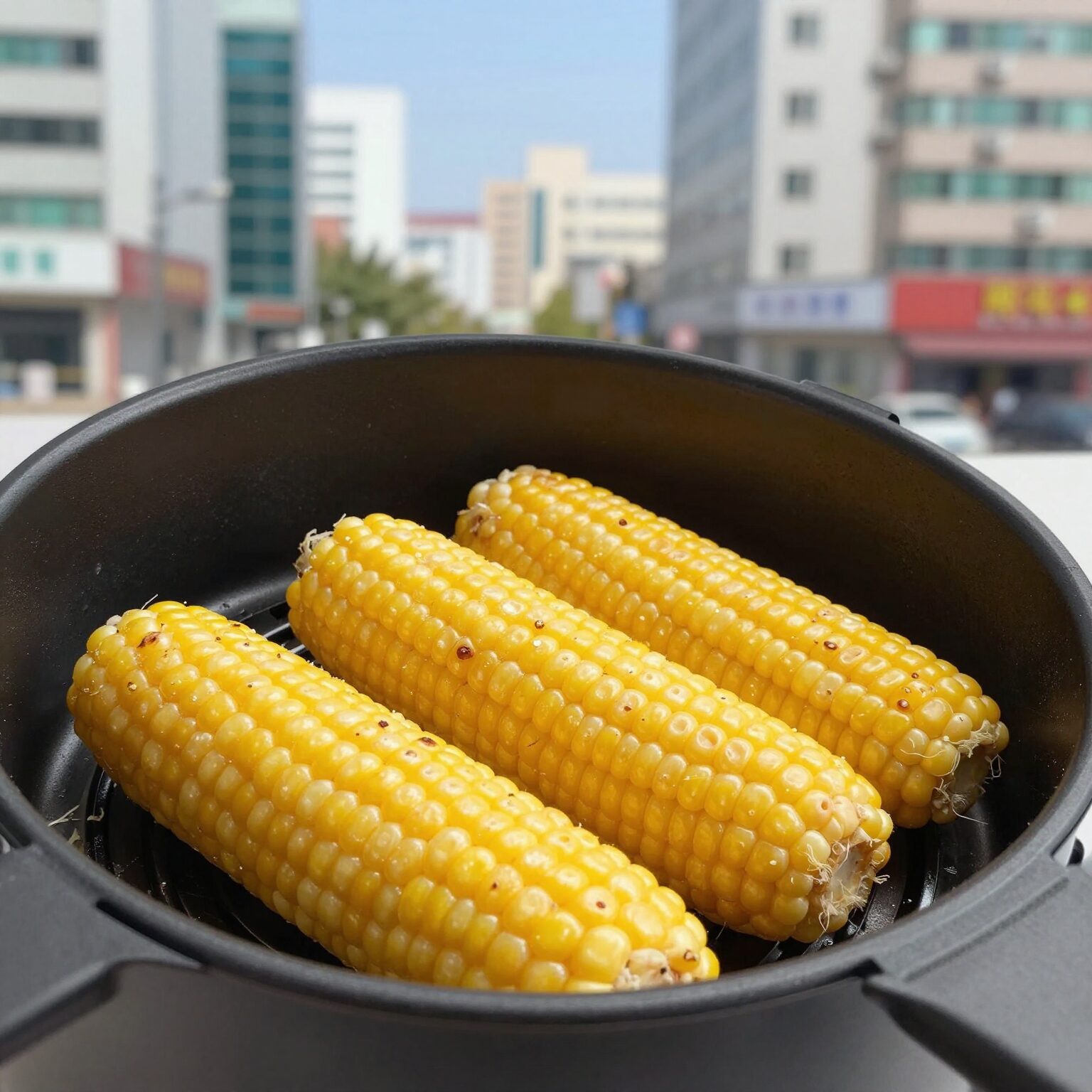 에어프라이어로 구운 옥수수 겉면이 노릇하고 바삭한 모습