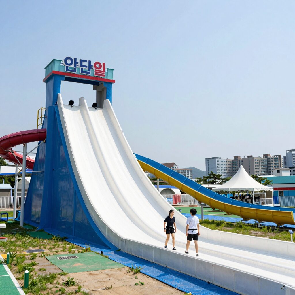 안동 웨이블리 수상레저 시설 전경과 에어바운스 슬라이드 모습