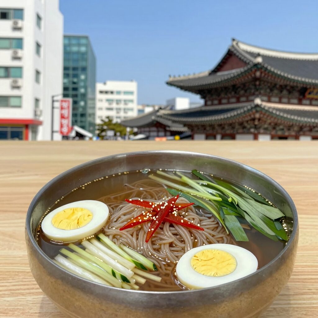 정원옥 비빔냉면과 평양냉면이 나란히 놓인 테이블