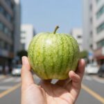 한 손에 쥔 작은 애플수박을 들고 있는 모습